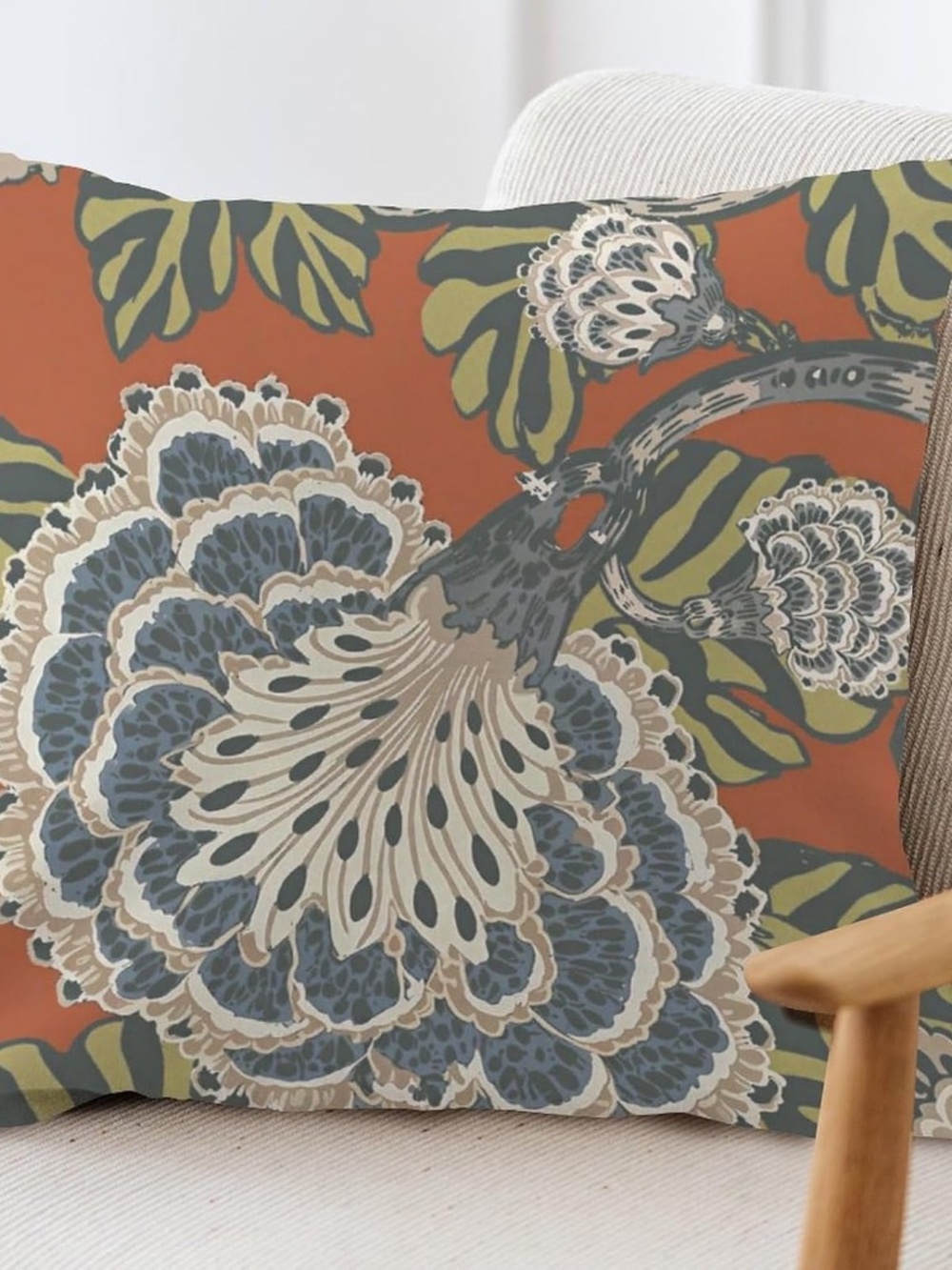 Pair of Blue Flower Orange Throw Pillows Orange Chinoiserie (New) 17x17